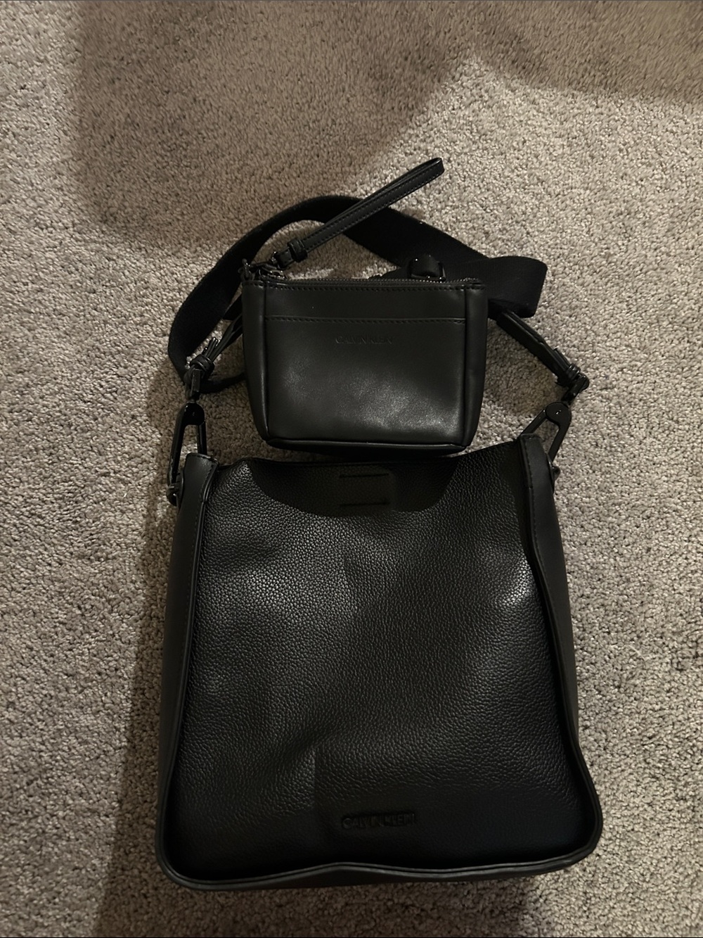Calvin Klein Black Leather Messenger Bag with Mini Pouch
